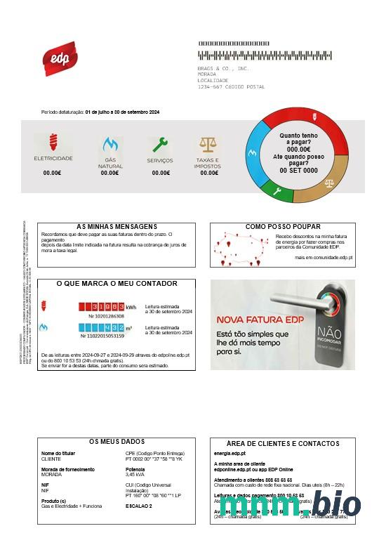 Portugalia EDP rachunek za usługi komunalne szablon w formacie Word i PDF, dobre dla adresu udowodnić